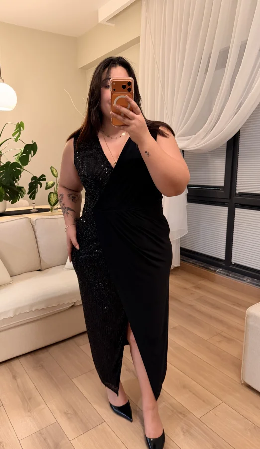 Maxi Boy Sıfir Kol Pul Payet Elbise - Siyah