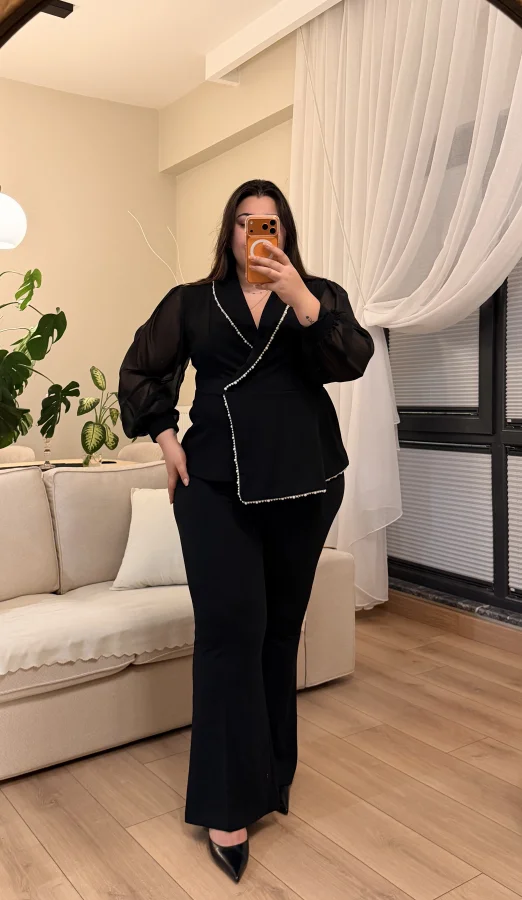 İnci Detaylı Kolları Şifon İkili Krep Takım - Siyah