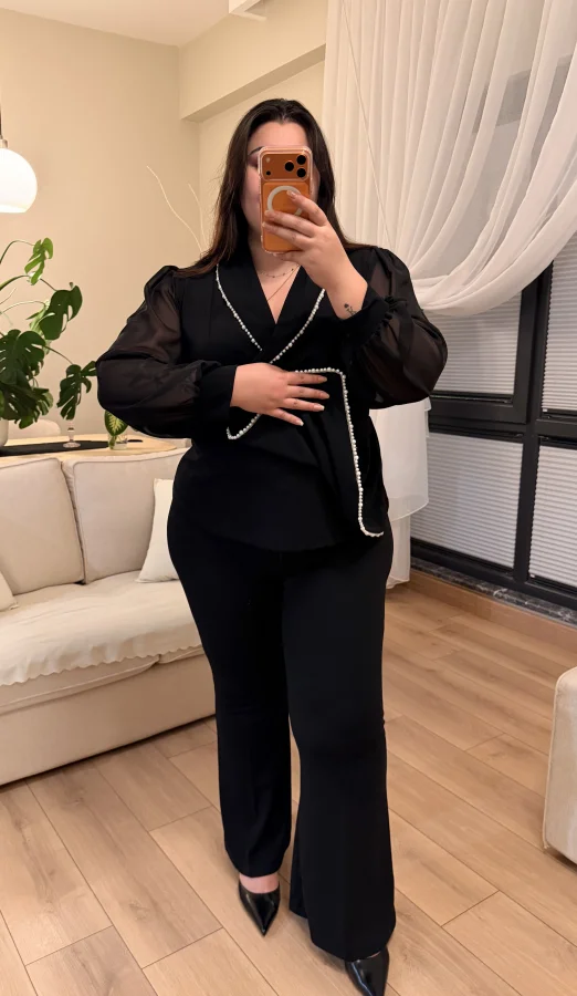 İnci Detaylı Kolları Şifon İkili Krep Takım - Siyah