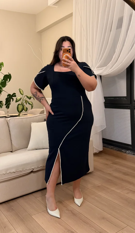 Kare Yaka Asimetrik İncili Krep Elbise - Lacivert