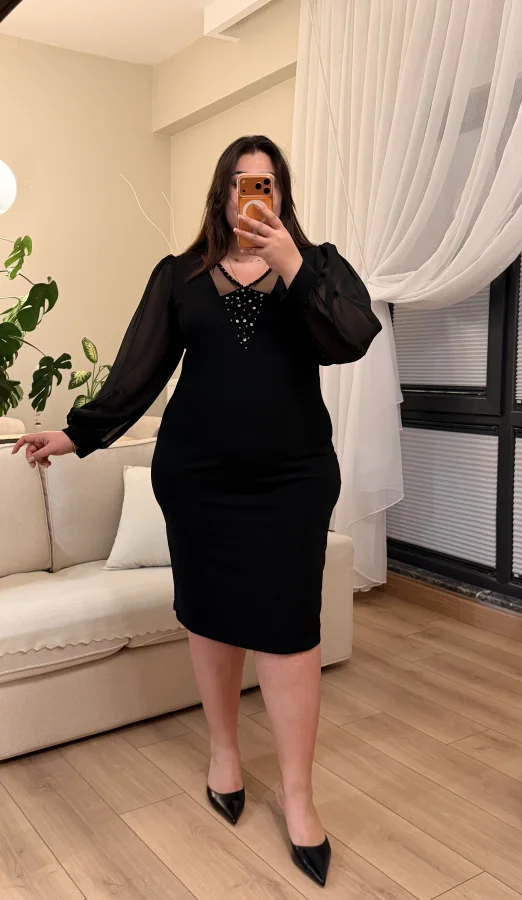 V Yaka Taş Detaylı Krep Gece Elbisesi - Siyah