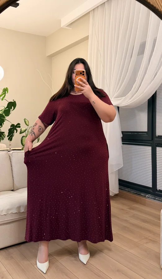 Geniş Kesim Cepli Taşlı Penye Elbise - Bordo