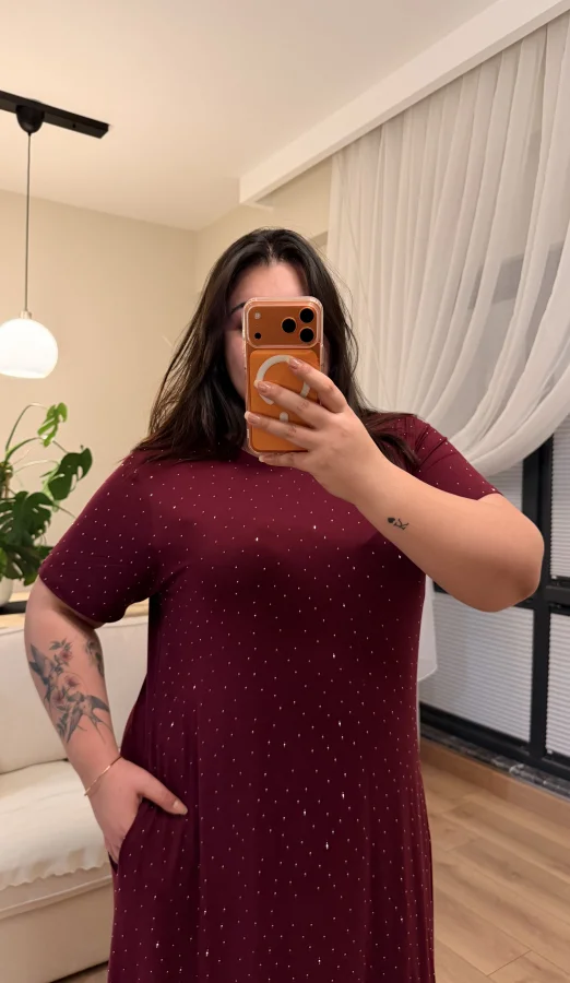 Geniş Kesim Cepli Taşlı Penye Elbise - Bordo