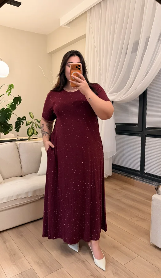 Geniş Kesim Cepli Taşlı Penye Elbise - Bordo