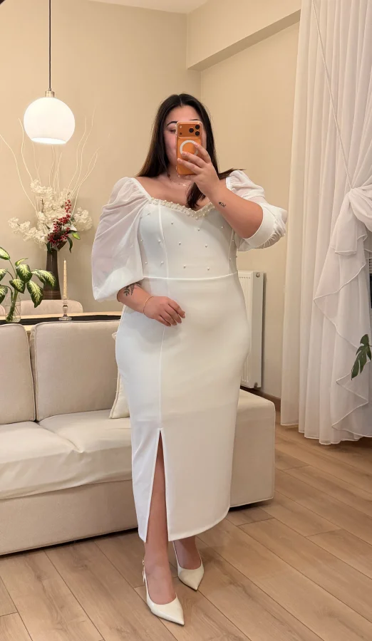 İnci Detaylı Astarlı Esnek Krep Elbise - Beyaz