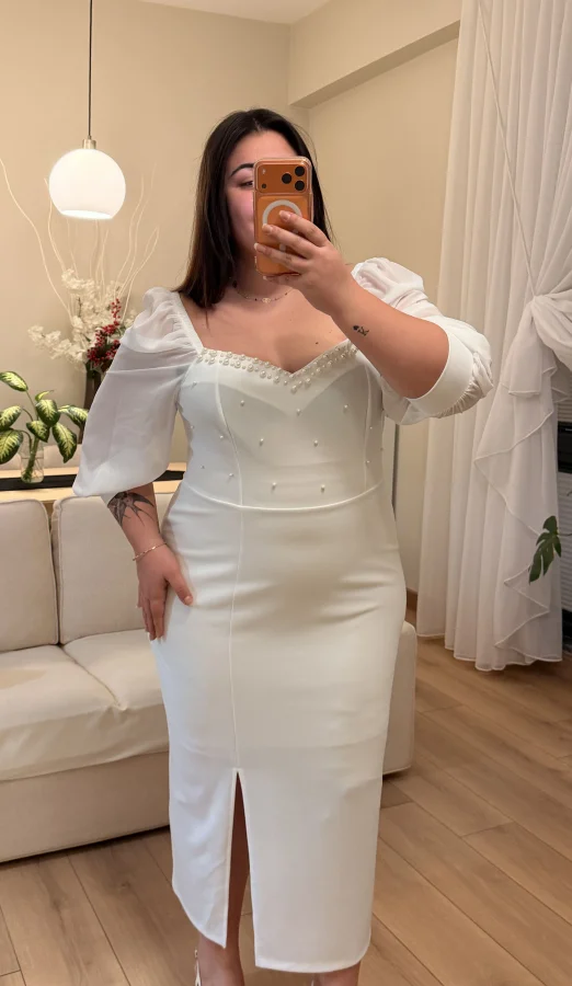 İnci Detaylı Astarlı Esnek Krep Elbise - Beyaz