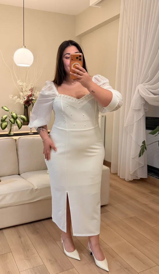 İnci Detaylı Astarlı Esnek Krep Elbise - Beyaz