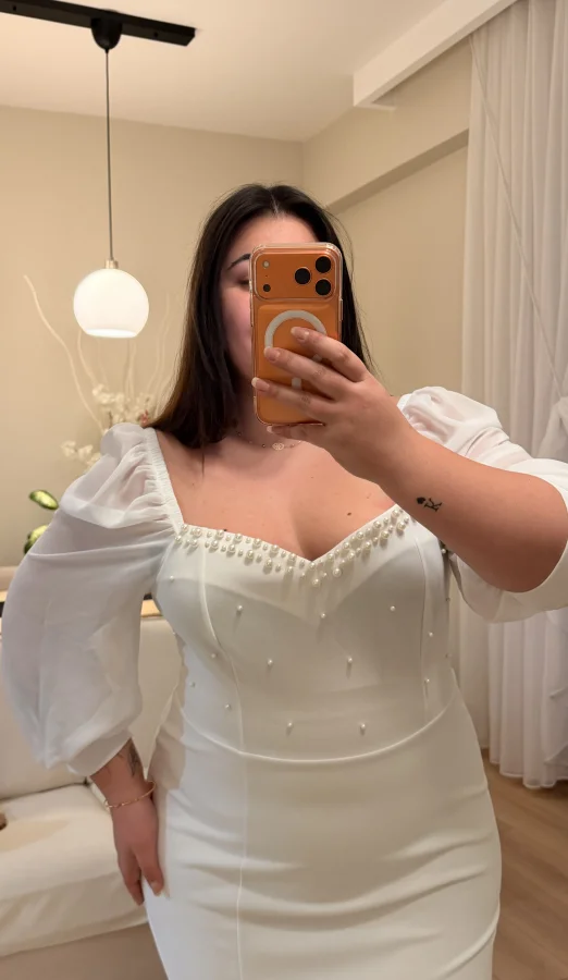 İnci Detaylı Astarlı Esnek Krep Elbise - Beyaz