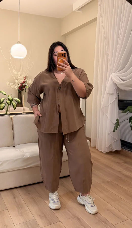 Tek Düğmeli Bohem Tensel Takım - Kahverengi