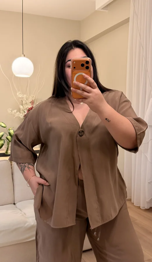 Tek Düğmeli Bohem Tensel Takım - Kahverengi