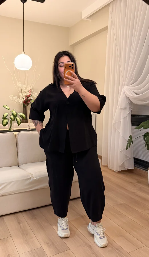 Tek Düğmeli Bohem Tensel Takım - Siyah