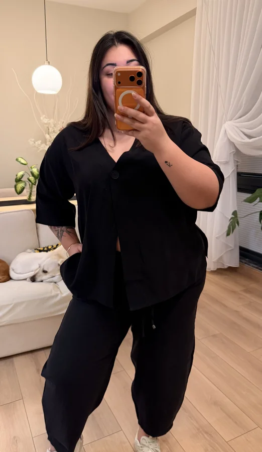 Tek Düğmeli Bohem Tensel Takım - Siyah