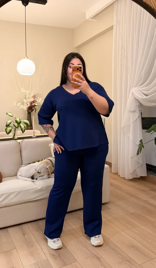 V Yaka Geniş Kesim Modal Takım - Lacivert