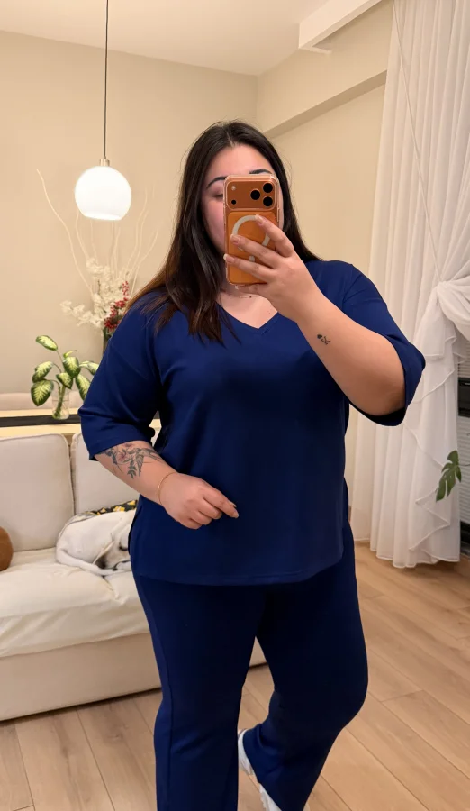 V Yaka Geniş Kesim Modal Takım - Lacivert