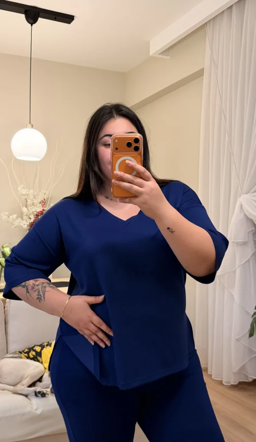 V Yaka Geniş Kesim Modal Takım - Lacivert