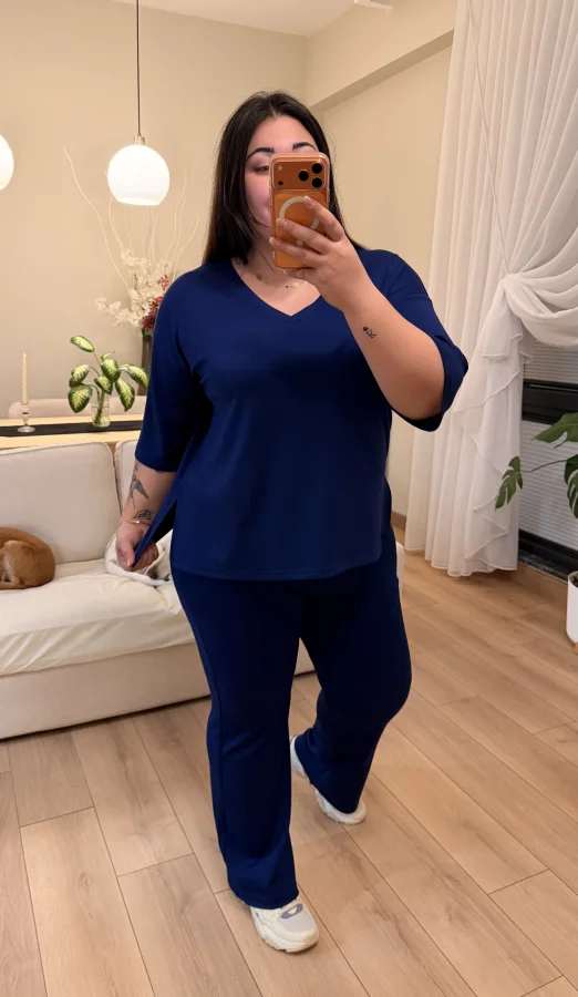 V Yaka Geniş Kesim Modal Takım - Lacivert