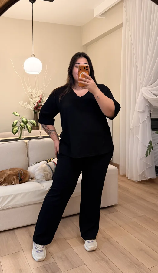 V Yaka Geniş Kesim Modal Takım - Siyah