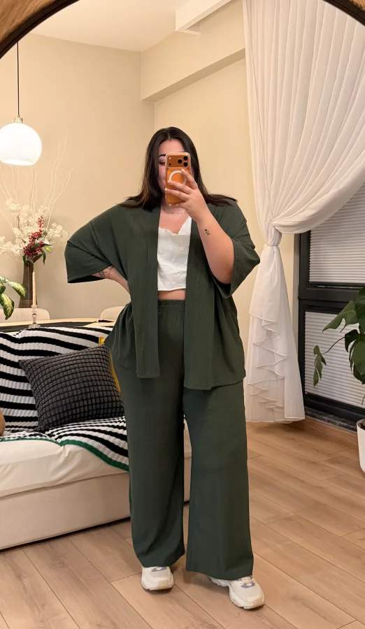 İkili Bürümcük Kimono Takım - Haki
