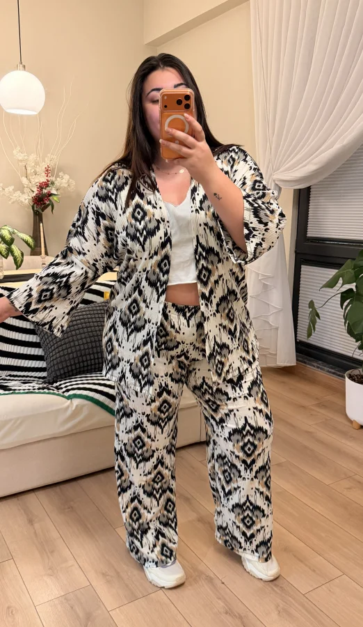 İkili Bürümcük Kimono Takım - Ekru Desenli