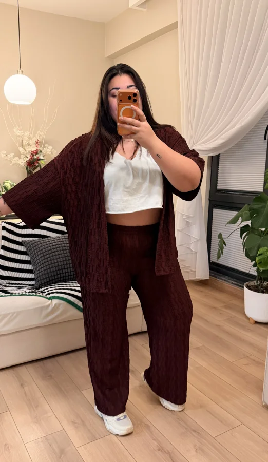 Desenli Esnek Kimono Takım - Bordo