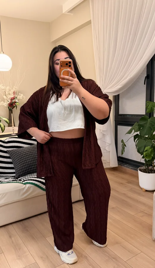 Desenli Esnek Kimono Takım - Bordo