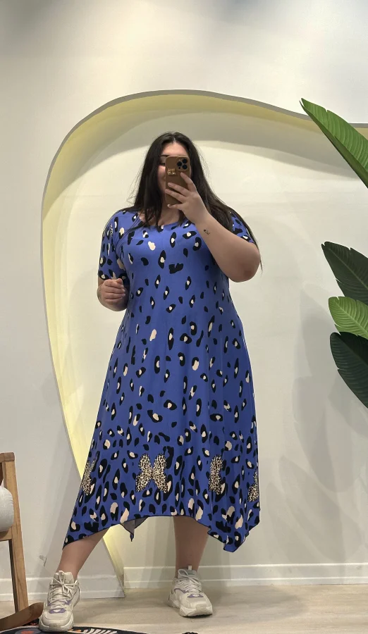 Asimetrik Esnek Penye Elbise - Mavi Leopar Desenli