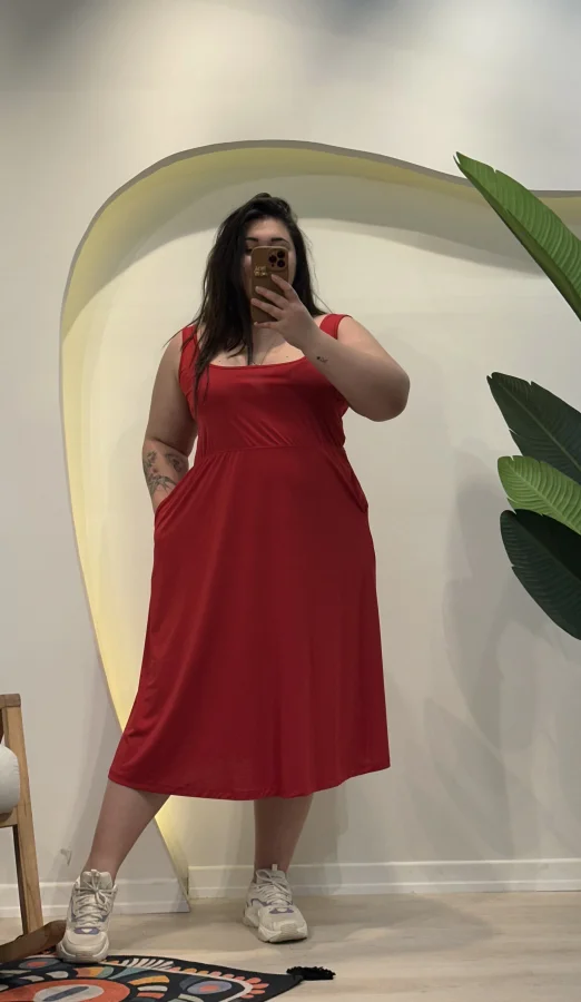 Askılı Kare Yaka Cepli Sandy Elbise - Kırmızı