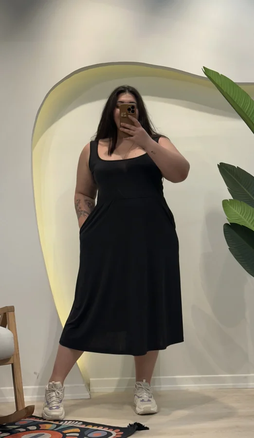 Askılı Kare Yaka Cepli Sandy Elbise - Siyah