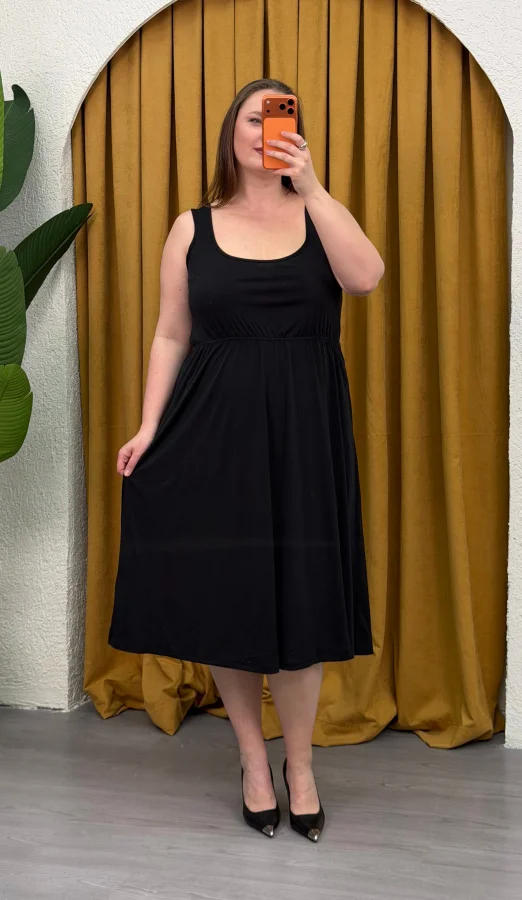 Askılı Kare Yaka Sandy Elbise - Siyah