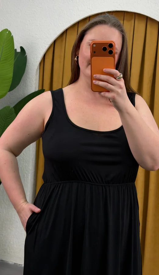 Askılı Kare Yaka Sandy Elbise - Siyah