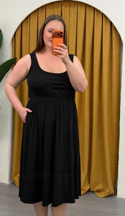 Askılı Kare Yaka Sandy Elbise - Siyah