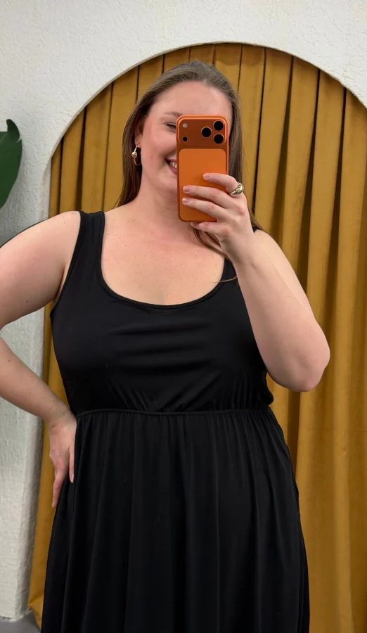 Askılı Kare Yaka Sandy Elbise - Siyah