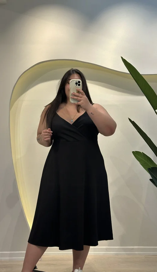 Askılı Kruvaze Esnek Burgu Elbise - Siyah