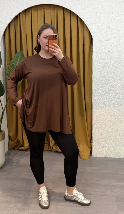 Basic Asimetrik Modal Kumaş Esnek Bluz - Kahverengi