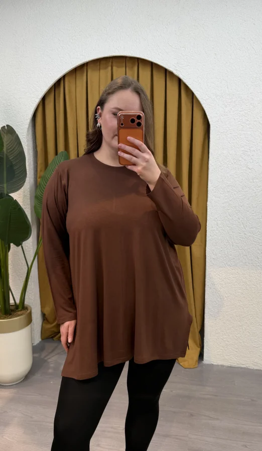 Basic Asimetrik Modal Kumaş Esnek Bluz - Kahverengi