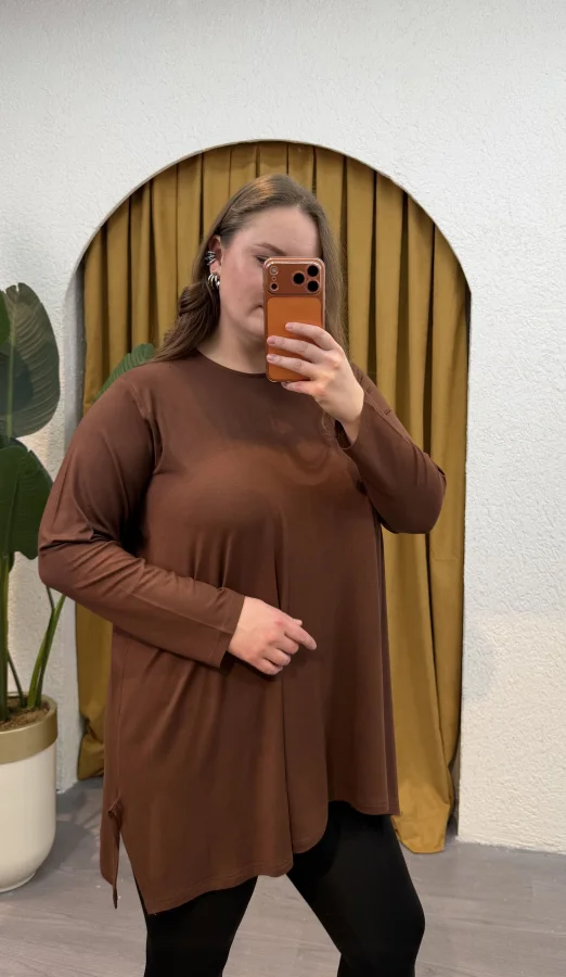 Basic Asimetrik Modal Kumaş Esnek Bluz - Kahverengi