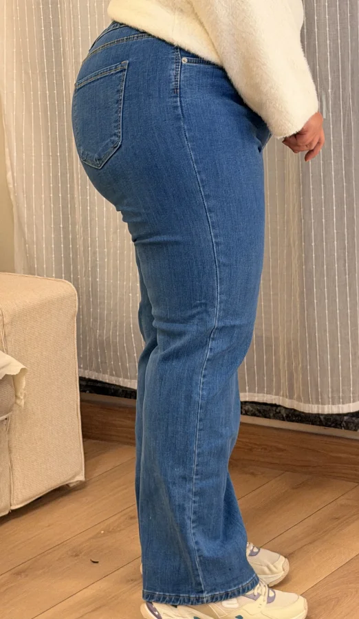 Bel Lastik Detaylı Likralı Boru Paça Kot Pantolon - Mavi