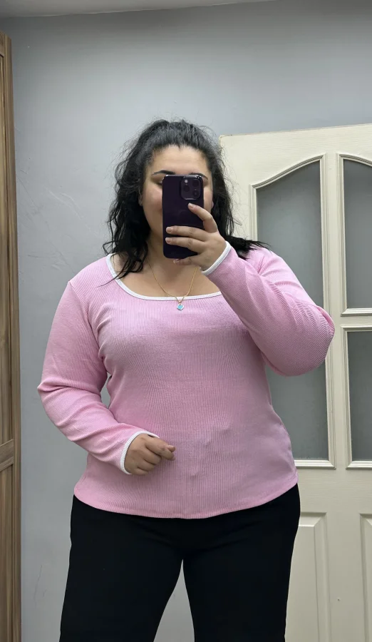 Biyeli Kare Yaka Esnek Triko Bluz - Pembe