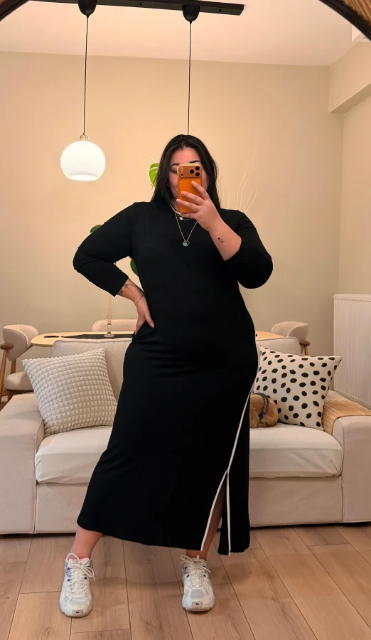 Biyeli Pamuklu Penye Elbise - Siyah