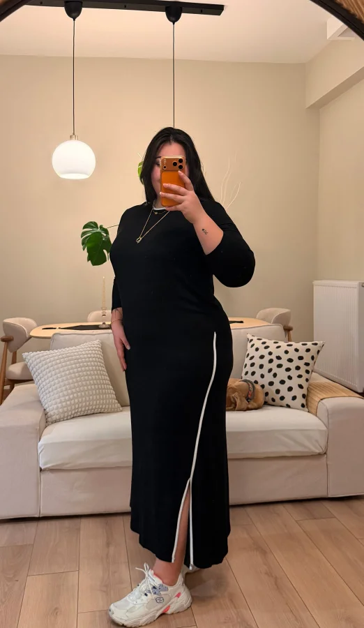 Biyeli Pamuklu Penye Elbise - Siyah