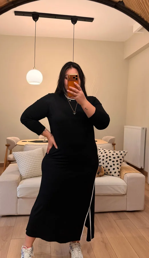 Biyeli Pamuklu Penye Elbise - Siyah