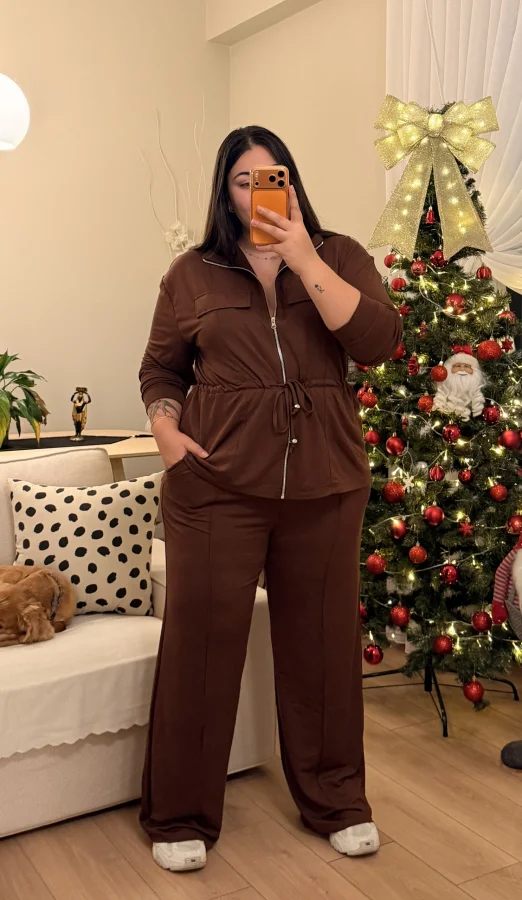 Büzgü Detaylı Cepli Modal Karışımlı Takım - Kahverengi