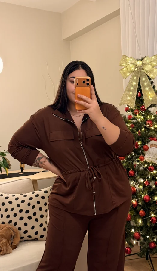 Büzgü Detaylı Cepli Modal Karışımlı Takım - Kahverengi