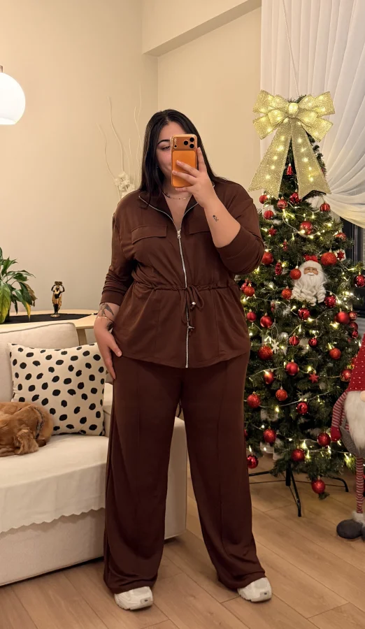 Büzgü Detaylı Cepli Modal Karışımlı Takım - Kahverengi