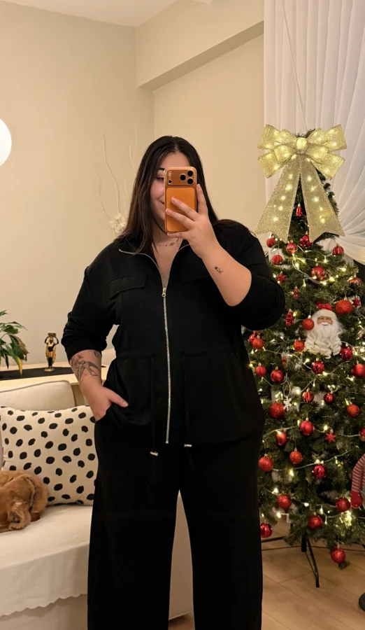 Büzgü Detaylı Cepli Modal Karışımlı Takım - Siyah