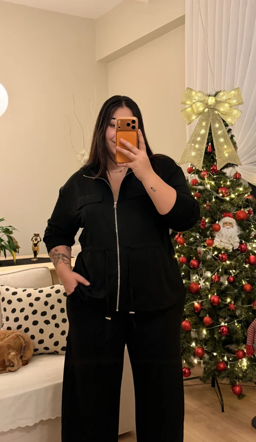 Büzgü Detaylı Cepli Modal Karışımlı Takım - Siyah