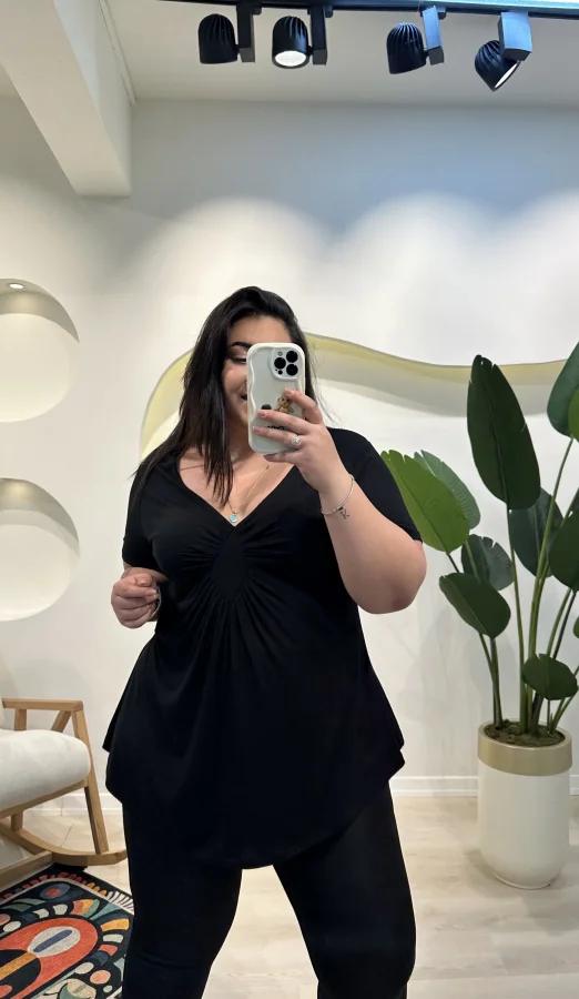 Büzgülü Esnek Penye Bluz - Siyah