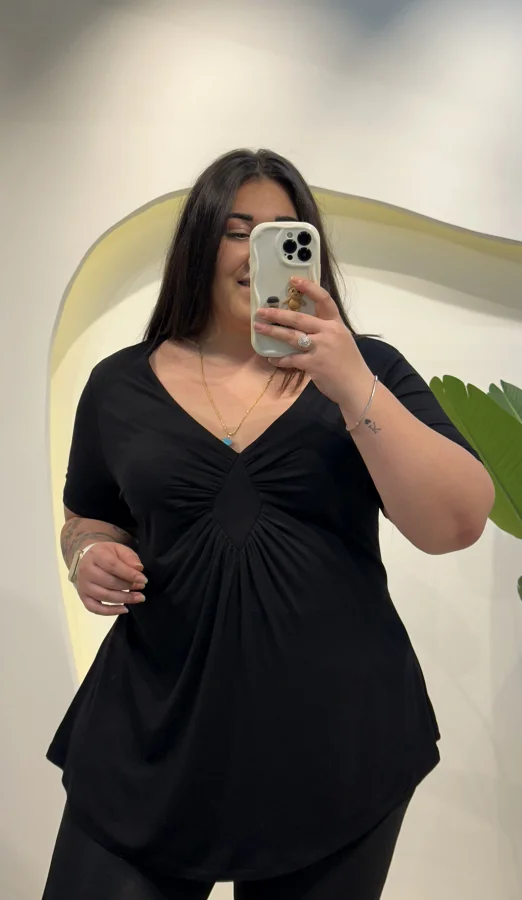 Büzgülü Esnek Penye Bluz - Siyah