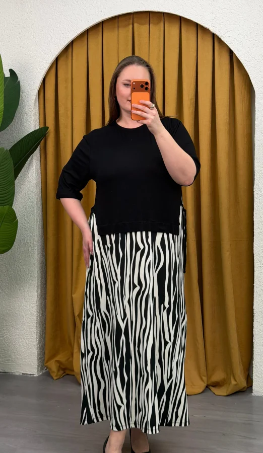 Çift Parçalı Büzgülü Penye Elbise - Zebra