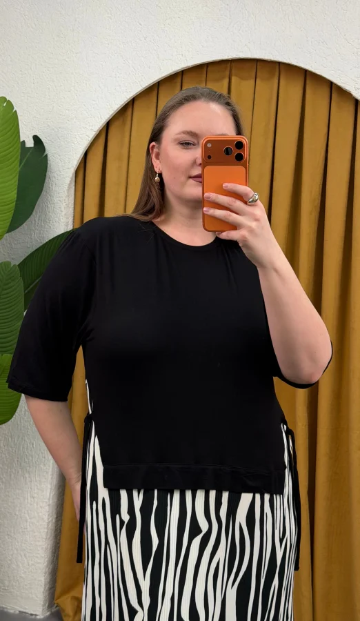 Çift Parçalı Büzgülü Penye Elbise - Zebra